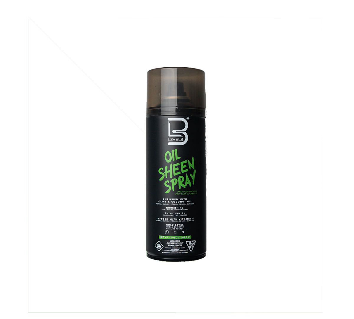 Spray de brillo para el cabello Level 3 Oil Sheen en aerosol de 383gr, con acabado brillante y saludable para el cabello.