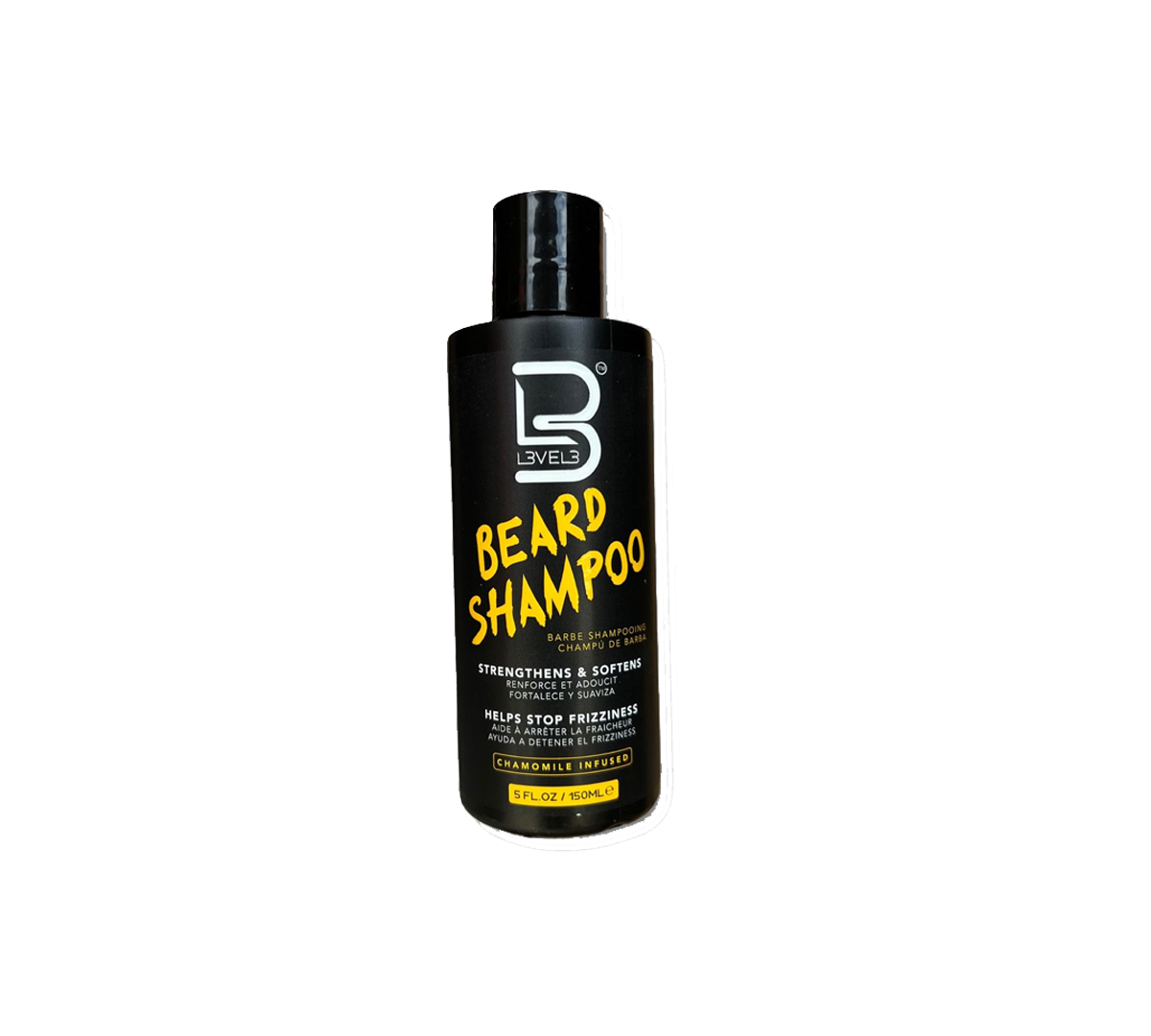Champú para barba Level 3 de 150ml, muestra la botella con etiqueta y espuma en la barba, ideal para limpieza facial.