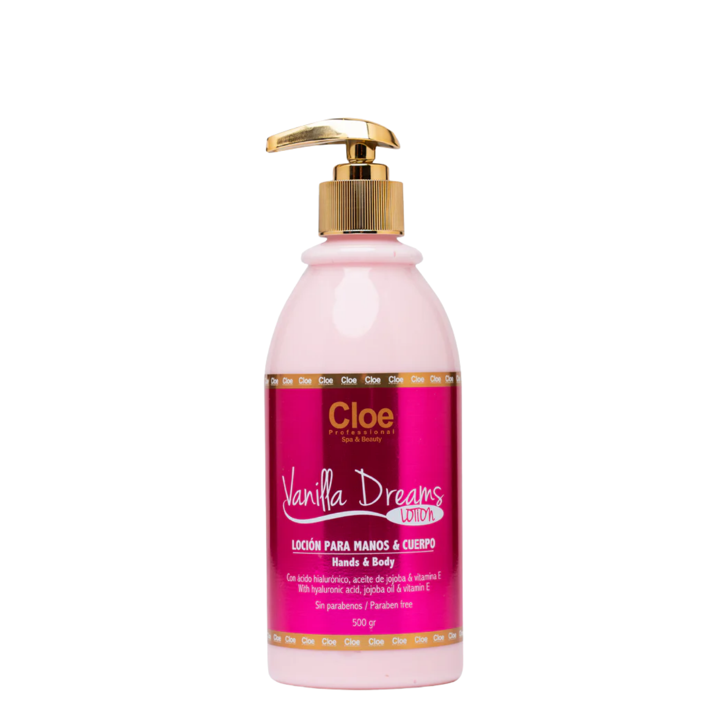 Crema corporal Cloe Vainilla Dreams para manos y cuerpo en envase de 500ml con aroma a vainilla.