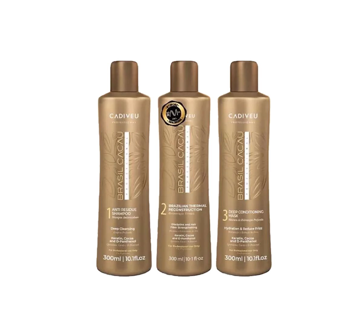 Kit de alisado profesional Brasil Cacau de 300ml de la marca Cadiveu, con productos para cabello liso y brillante.