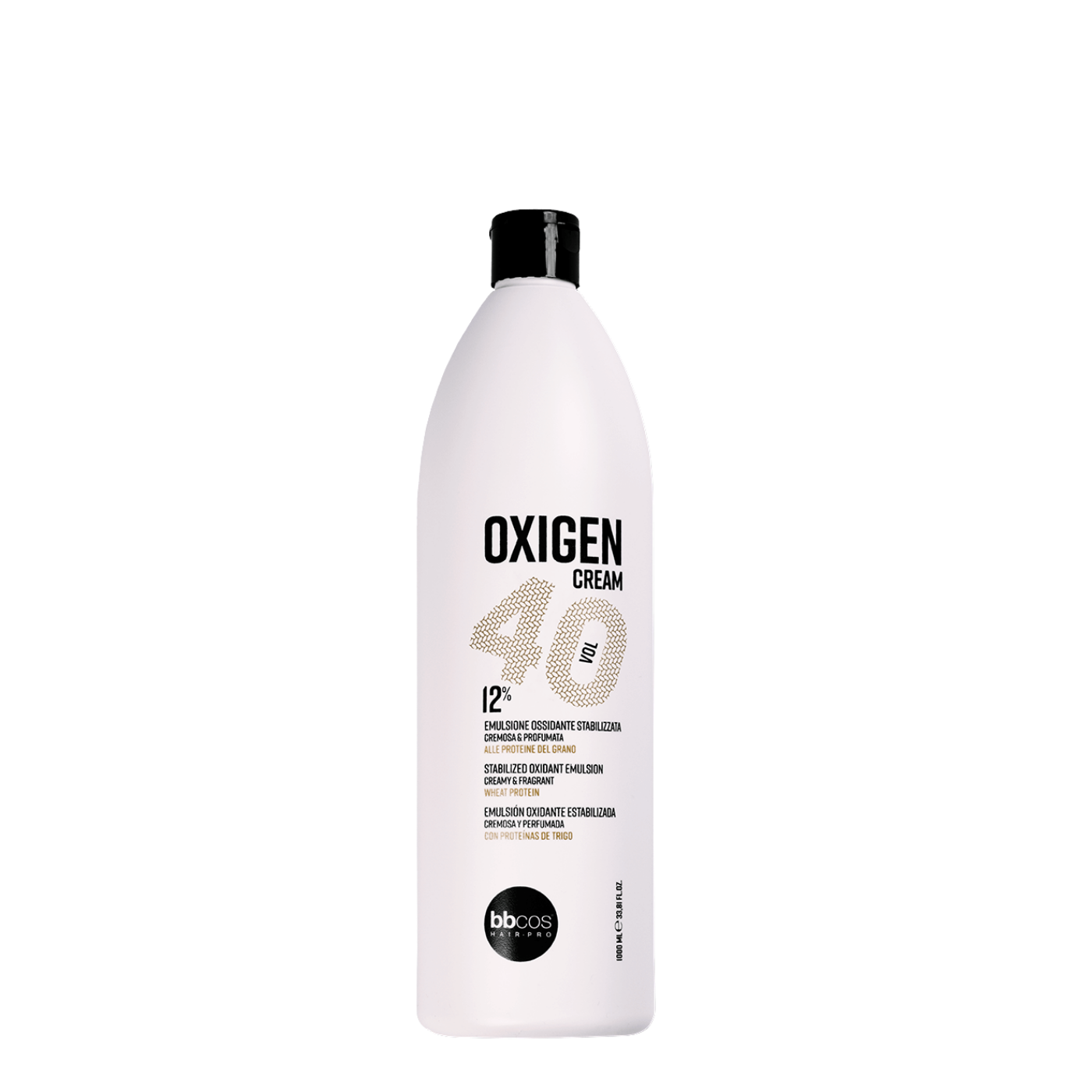 Oxidante BBCOS Innovationevo 40vol de 1 litro, envase de plástico con etiqueta blanca y detalles en azul y negro.