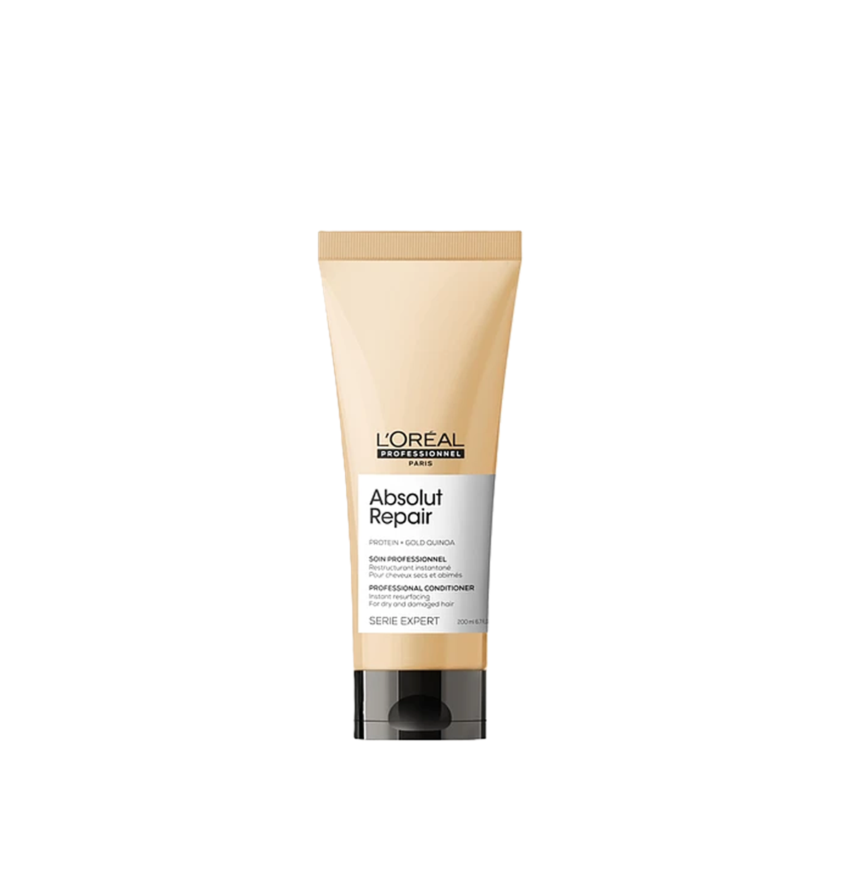 Acondicionador Loreal Absolut Repair de 200 ml en botella con tapa, cabello brillante y saludable en fondo neutro