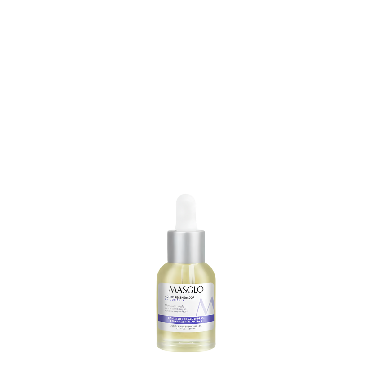 Aceite regenerador de cutículas Masglo con ceramidas y vitamina E en frasco de 30 ml, para hidratar y cuidar las uñas.
