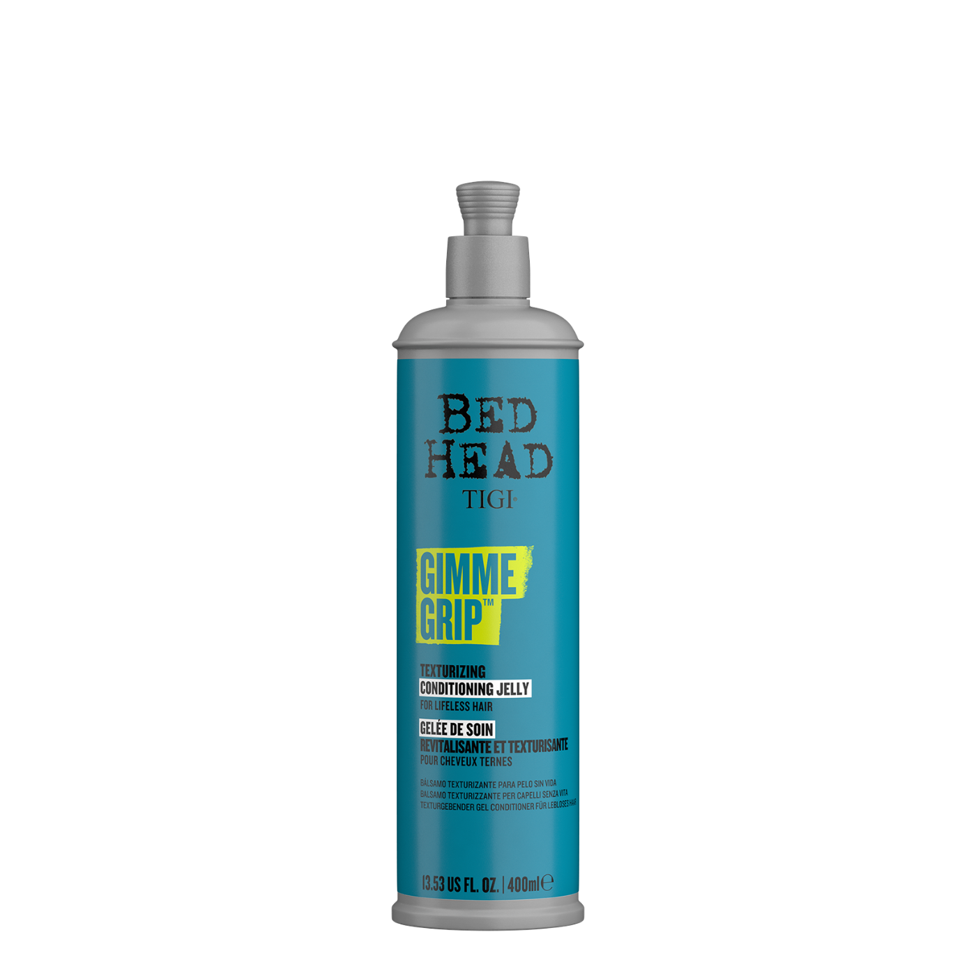 Acondicionador Bed Head Gimme Grip Tigi, frasco de 400 ml, con botella y tapa visible, para cabello con volumen y control.