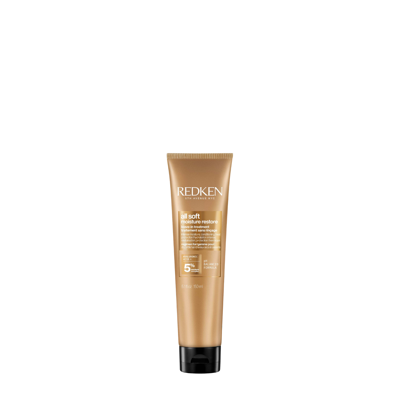 Botella de 150ml de Tratamiento Sin Enjuague Redken All Soft Moisture Restore Leave-In, crema hidratante profesional con ácido hialurónico para cabello seco.