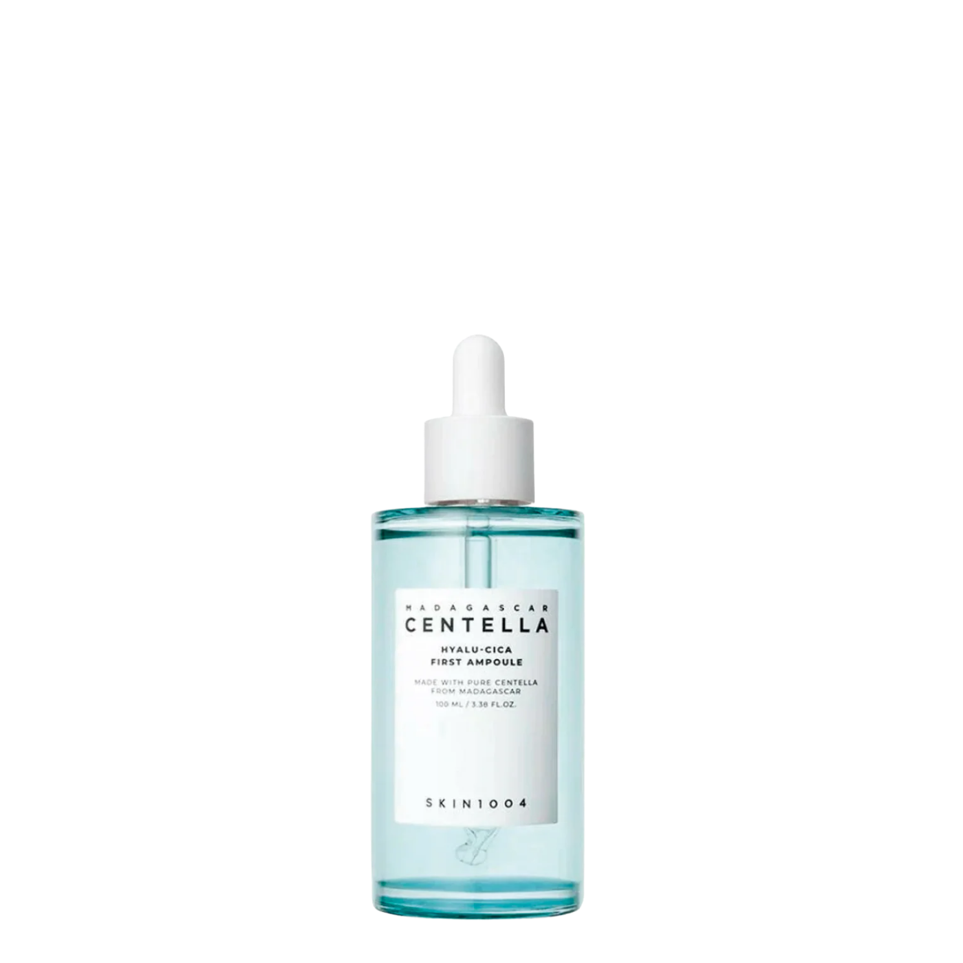 Botella de vidrio de 100 ml con gotero de la ampolla hidratante Madagascar Centella Hyalu-Cica First Ampoule de la marca coreana Skin1004, sérum concentrado de ácido hialurónico y centella asiática.