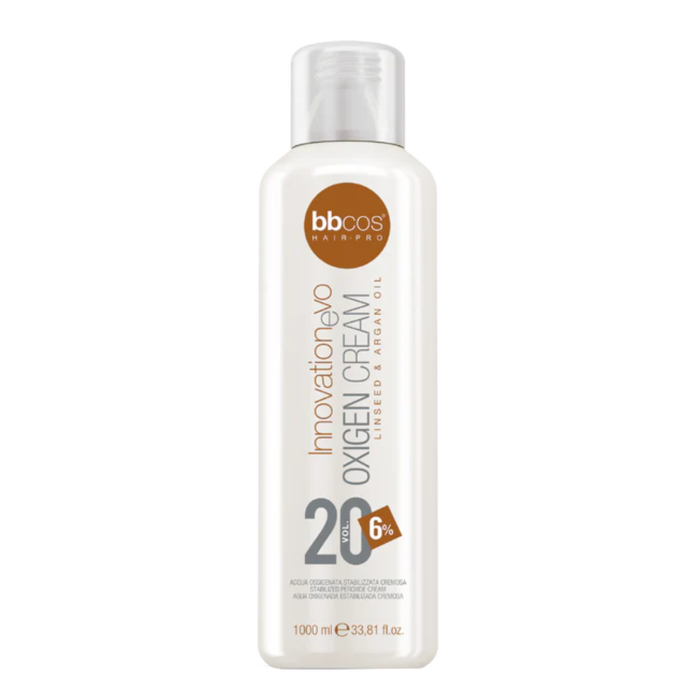 Oxidante BBCOS Innovationevo 20vol en envase de 1 litro, con botella de plástico y etiqueta blanca y azul.