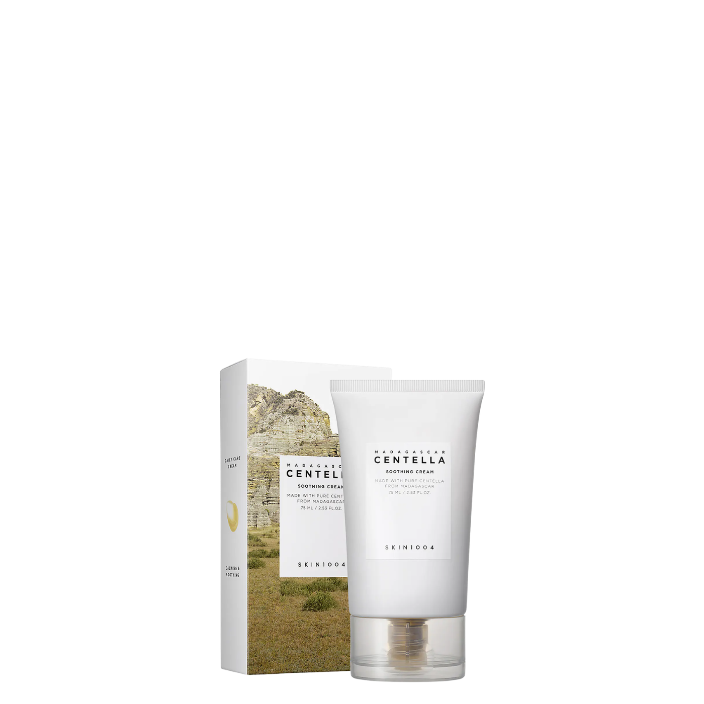 Tubo de 75 ml de la Crema Gel Calmante Madagascar Centella Soothing Cream de la marca coreana Skin1004, hidratante ultra-ligero con textura gel para pieles mixtas a grasas y sensibles.