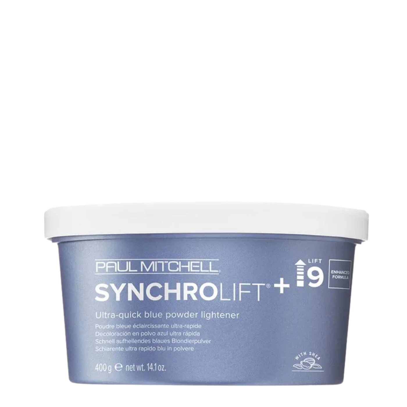 Polvo decolorante Paul Mitchell SynchroLift, 400g, en envase con textura en polvo para aclarar el cabello.