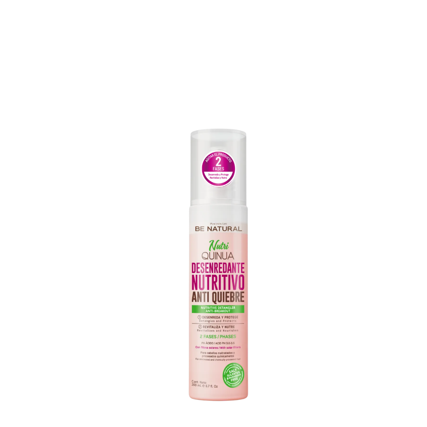 Spray acondicionador desenredante sin enjuague Be Natural Nutri Quinua de 250ml, ideal para nutrir el cabello y eliminar el frizz de forma inmediata