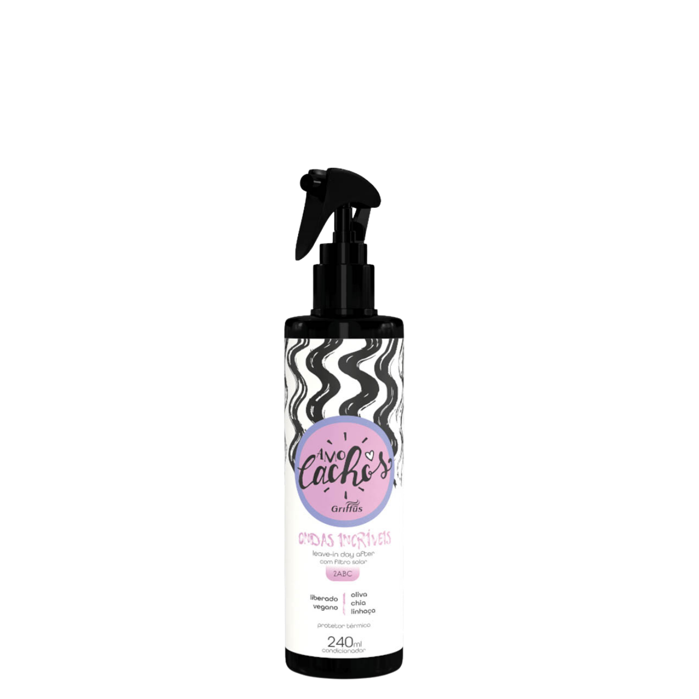 Botella de Leave-In Ondas Incríveis de la marca Griffus, crema para peinar sin enjuague ultra-ligera para la definición, control de frizz y protección solar de cabellos ondulados.