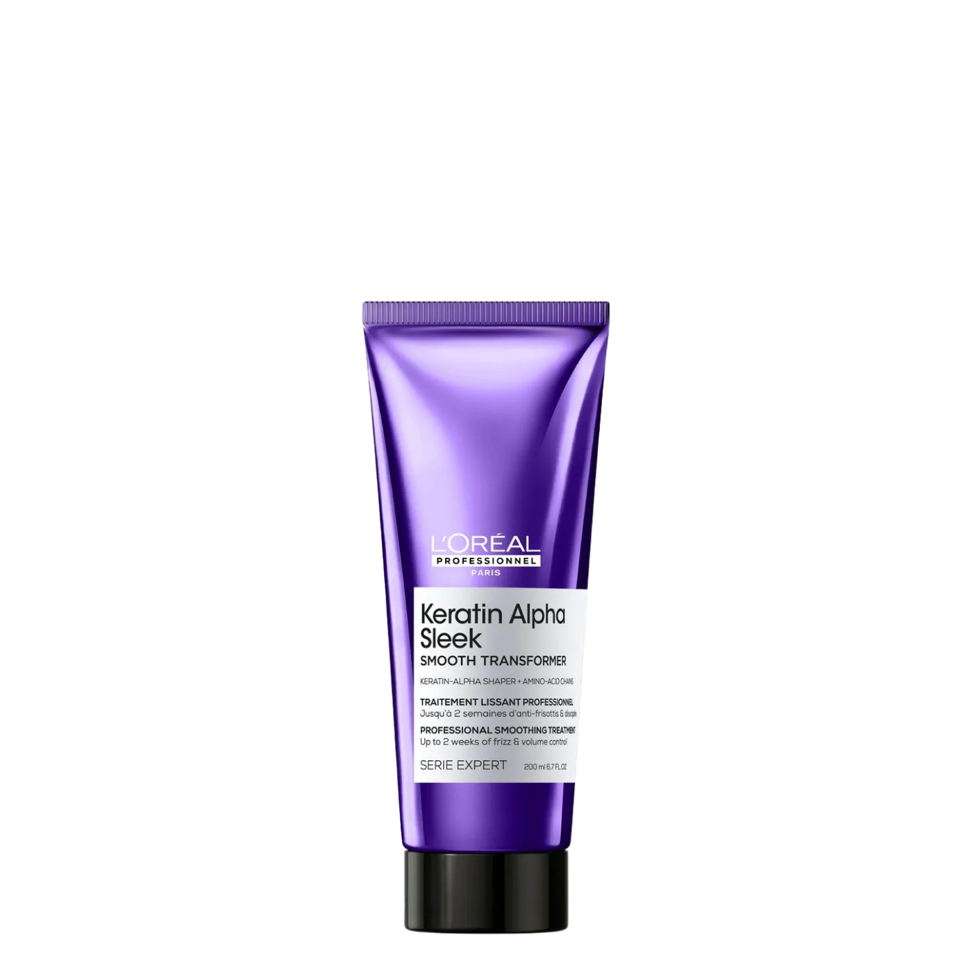 Tratamiento alisador progresivo con efecto liso de L'Oréal Professionnel, botella de 200 ml de Keratin Alpha Sleek Smooth Transformer.