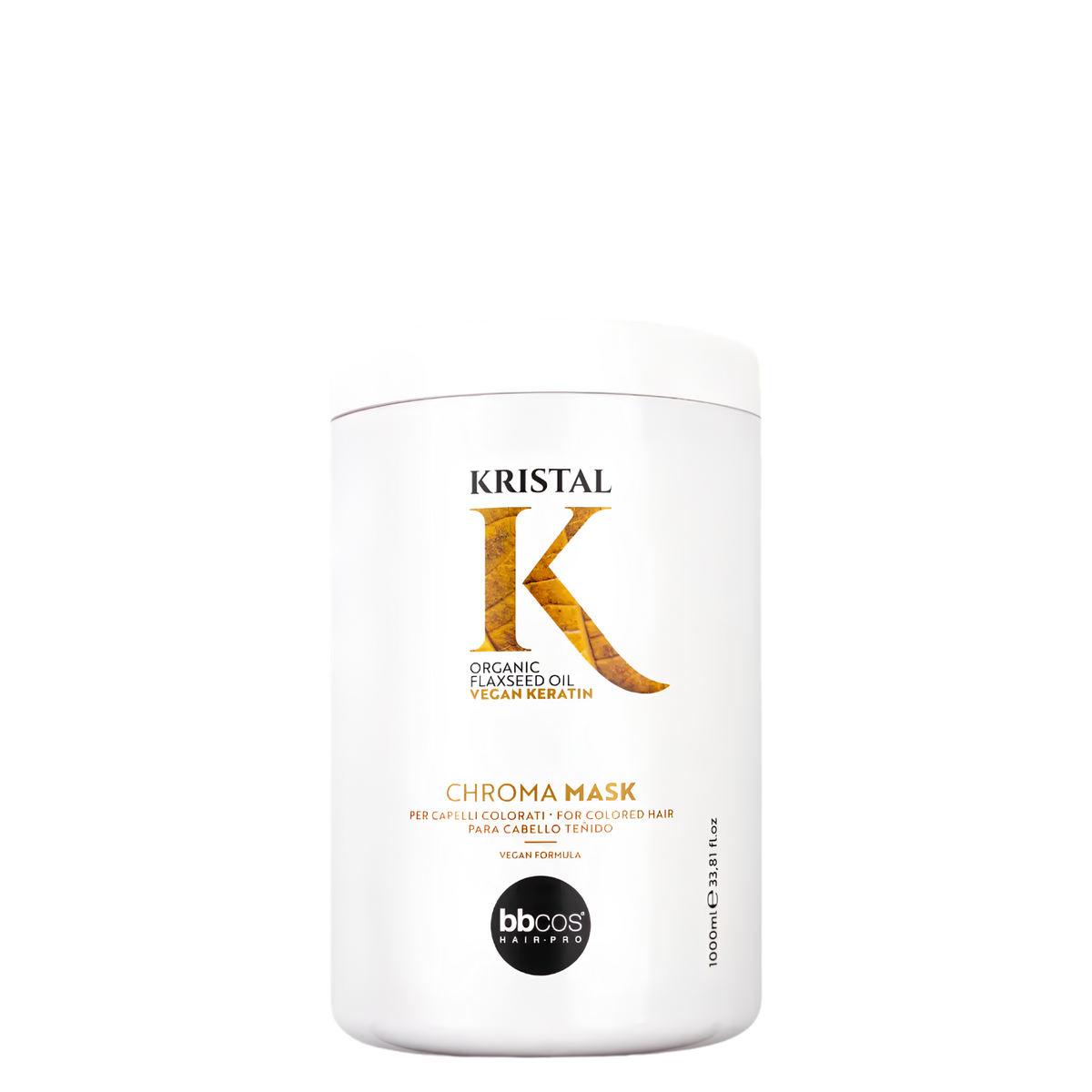 Máscara de protección de color Kristal Chroma de BBCOS, tratamiento capilar en envase de 1000 ml con fórmula revitalizante