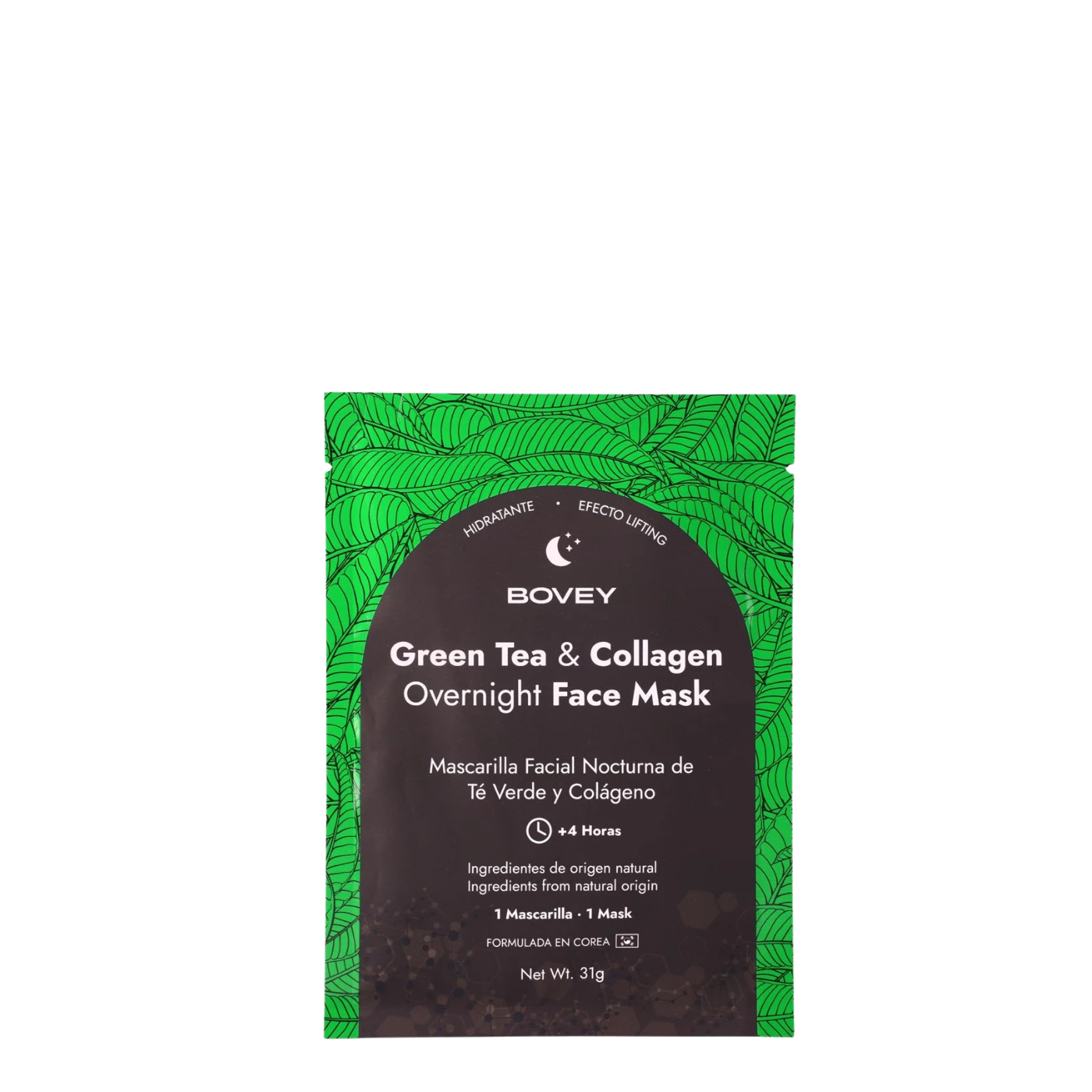 Mascarilla facial nocturna Bovey con té verde y colágeno, ideal para cuidado antiedad y rejuvenecimiento de la piel.