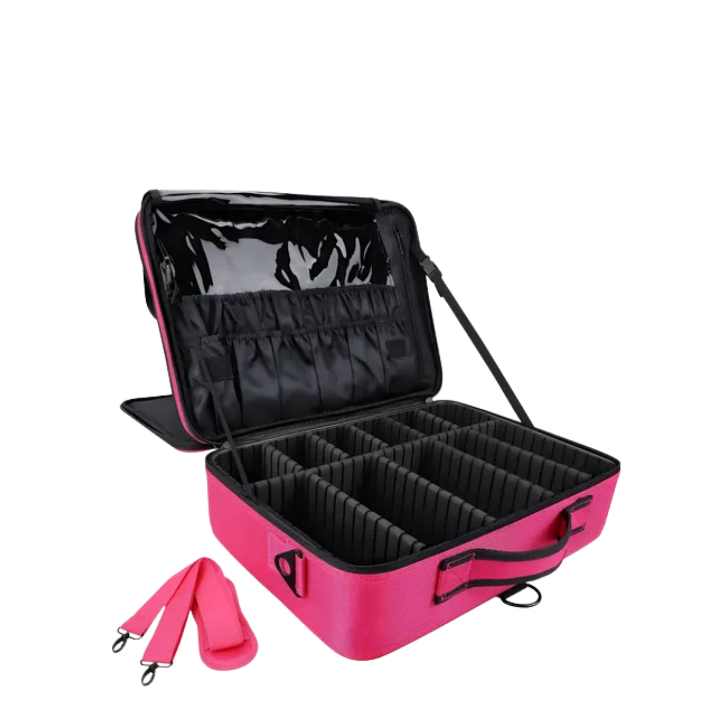 Maleta de maquillaje grande profesional en color fucsia, abierta mostrando su interior negro con separadores modulares ajustables, porta brochas integrado y correa para el hombro desarmada