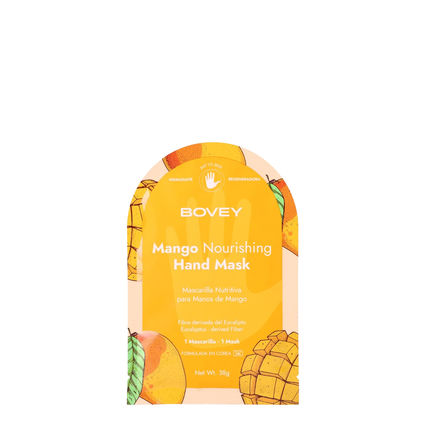 Mascarilla nutritiva para manos de mango Bovey, crema hidratante y reparadora en envase blanco con mango fresco.