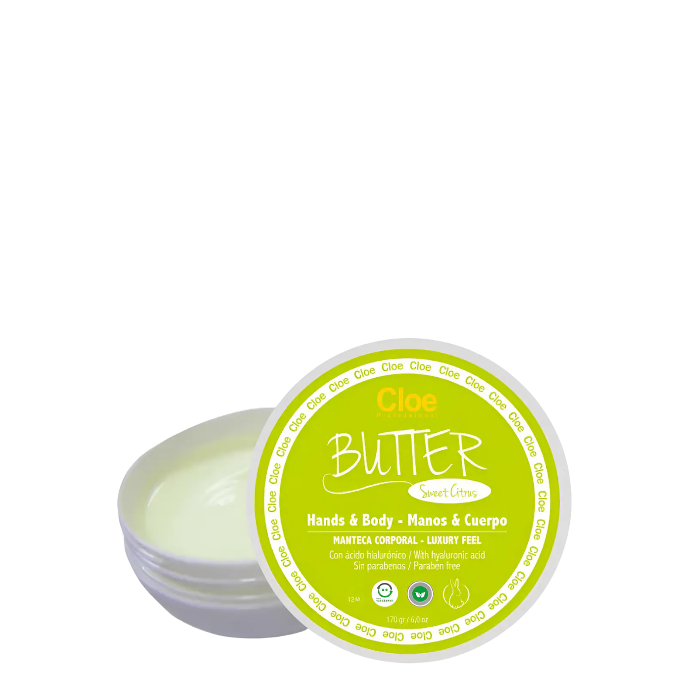Pote de 170 g de Manteca Corporal Butter Sweet Citrus de Cloe Professional para manos y cuerpo, crema premium con ácido hialurónico y libre de parabenos.