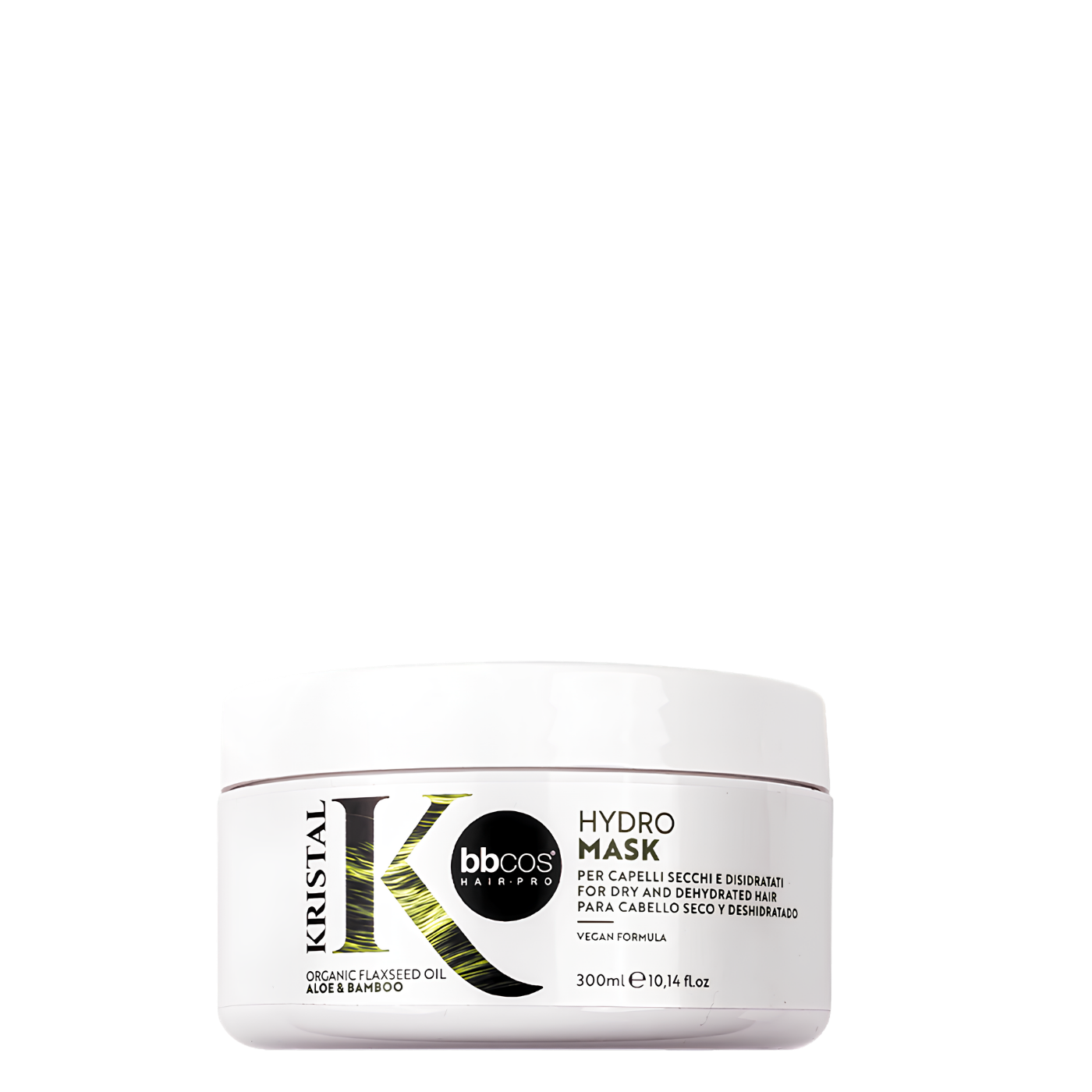 Máscara hidratante Kristal Basic Hydro de BBCOS en envase de 300 ml, tratamiento para cabello con fórmula hidratante y nutritiva