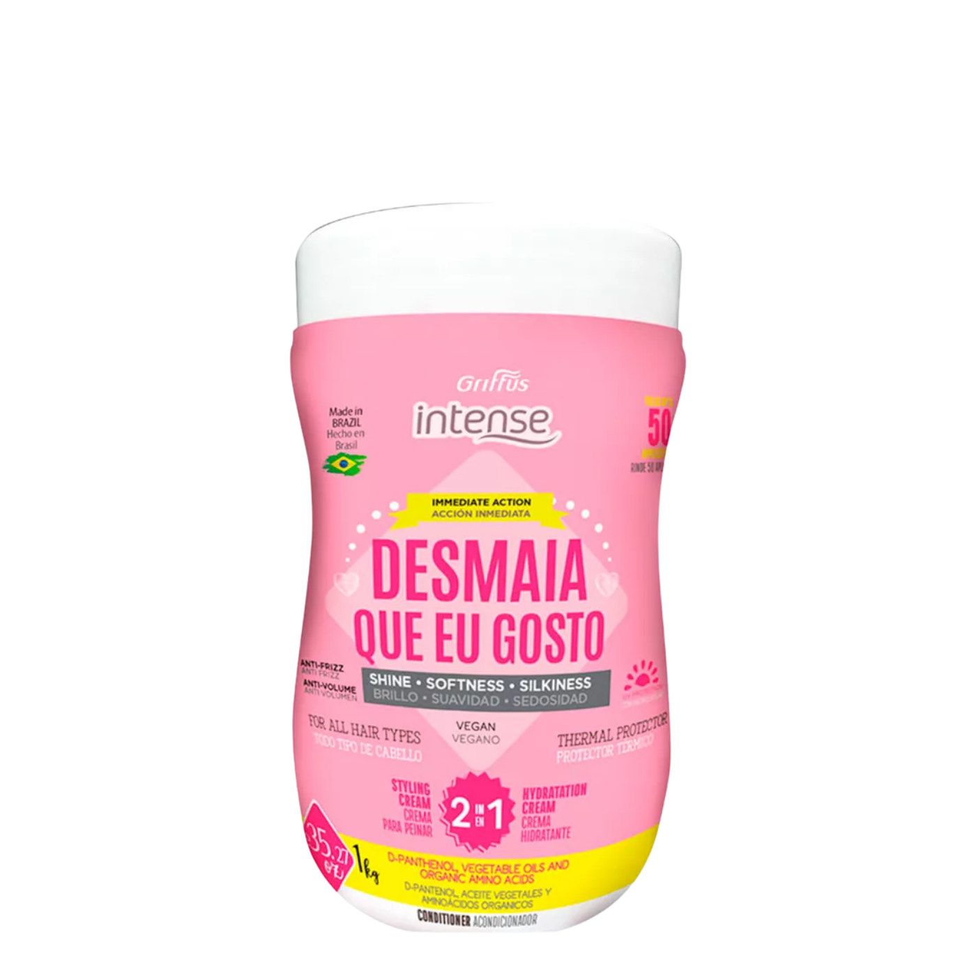 Pote gigante de 1 kg de Máscara de Tratamiento Desmaia que eu Gosto de la marca Griffus, crema capilar profesional ultra-hidratante, liberada y vegana para reducir el volumen y eliminar el frizz
