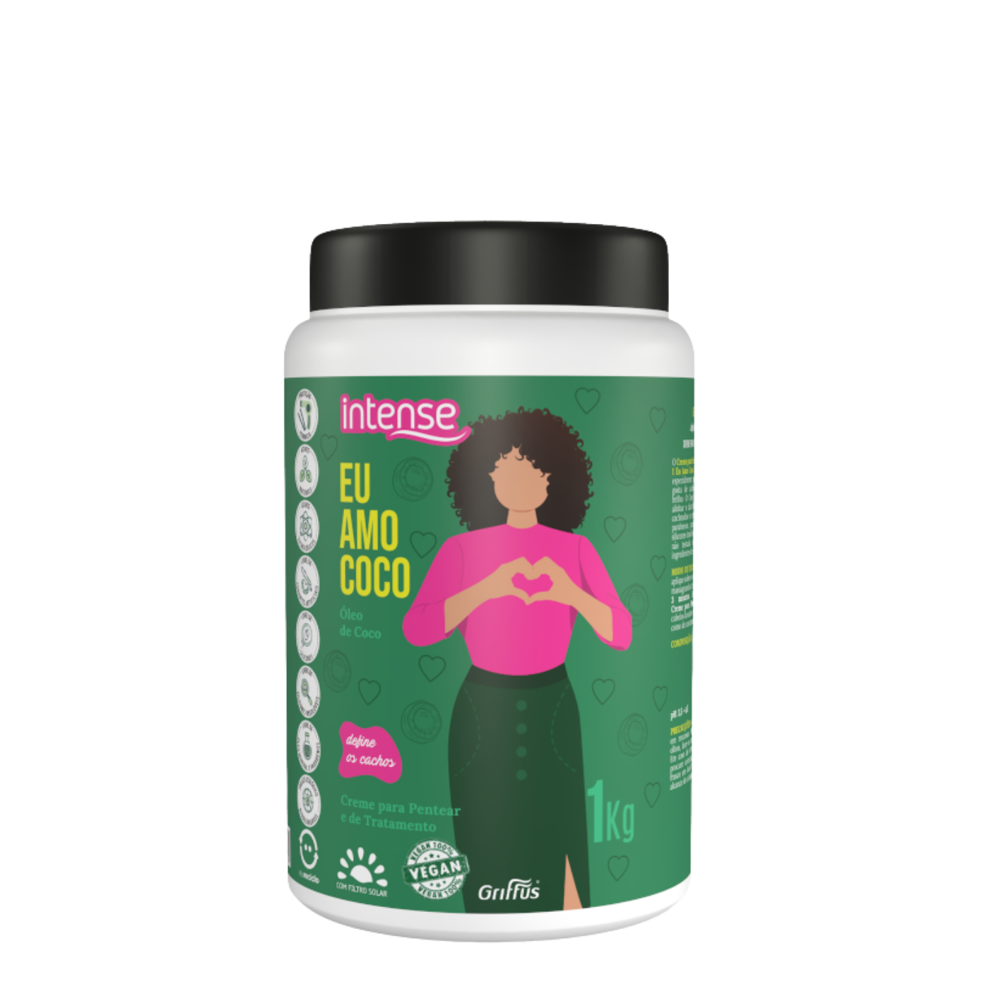 Pote gigante de 1 kg de Máscara de Tratamiento Eu Amo Coco de la marca Griffus, crema capilar profesional ultra-nutritiva, liberada y vegana para el cuidado del cabello seco o deshidratado.