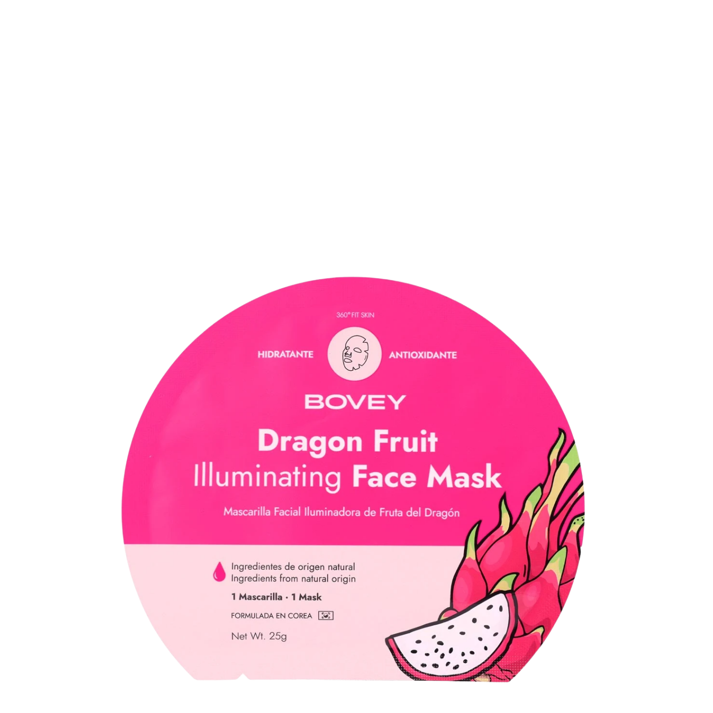 Mascarilla facial iluminadora de fruta del dragón Bovey, con textura y ingredientes naturales visibles en la imagen.