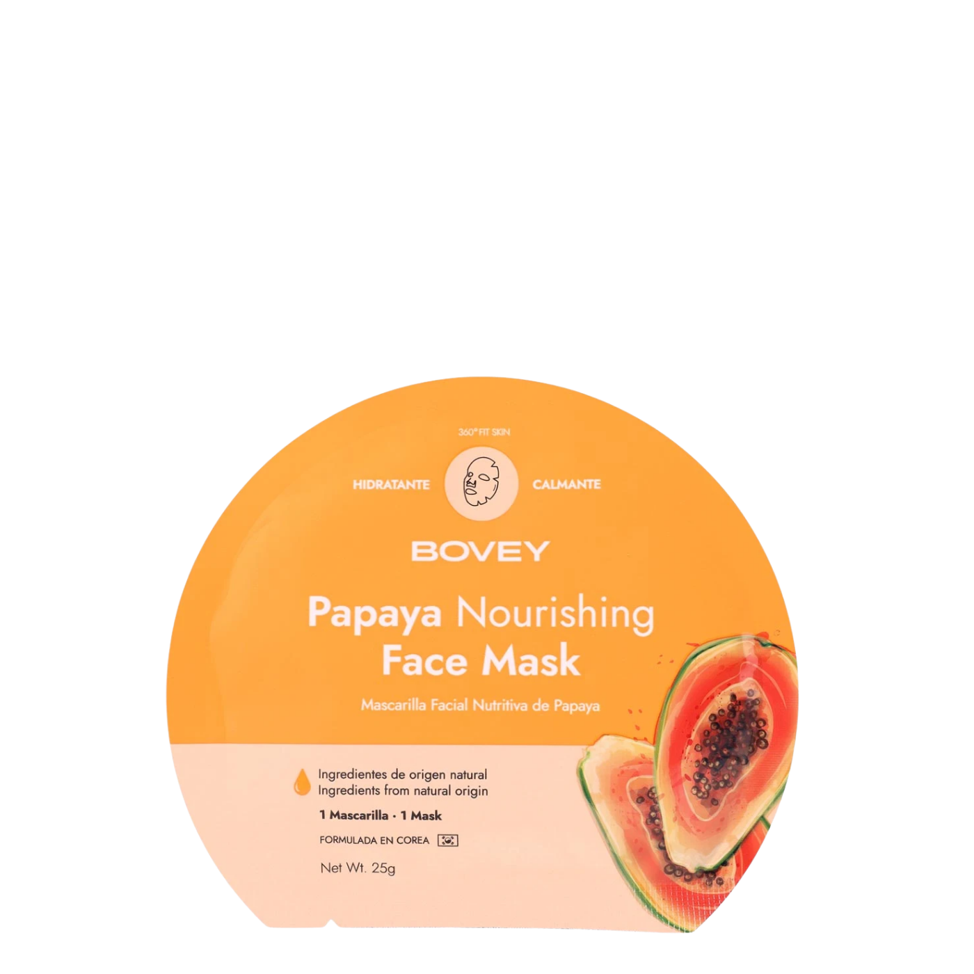 Sobre de Mascarilla Facial Nutritiva de Papaya Bovey, formato sheet mask de tela para el cuidado, nutrición y luminosidad de la piel del rostro.