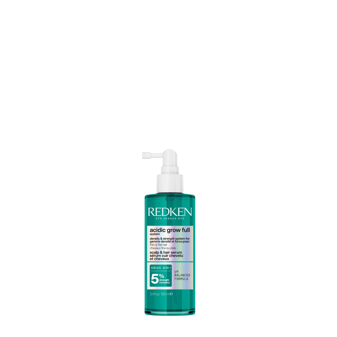 Botella de 100ml de Serum Redken Acidic Grow Full System con aplicador de precisión, tratamiento leave-in densificador y de fuerza para cabello fino y cuero cabelludo.