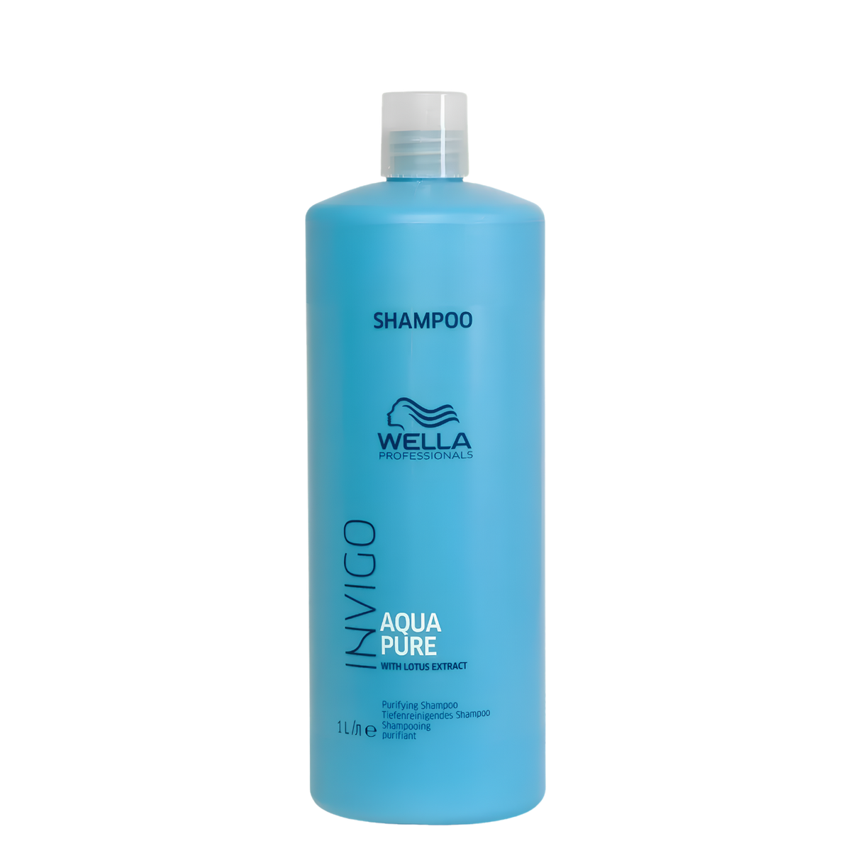 Champú Wella Invigo Aqua Pure para limpieza profunda, botella de 1000 ml con fórmula purificante.