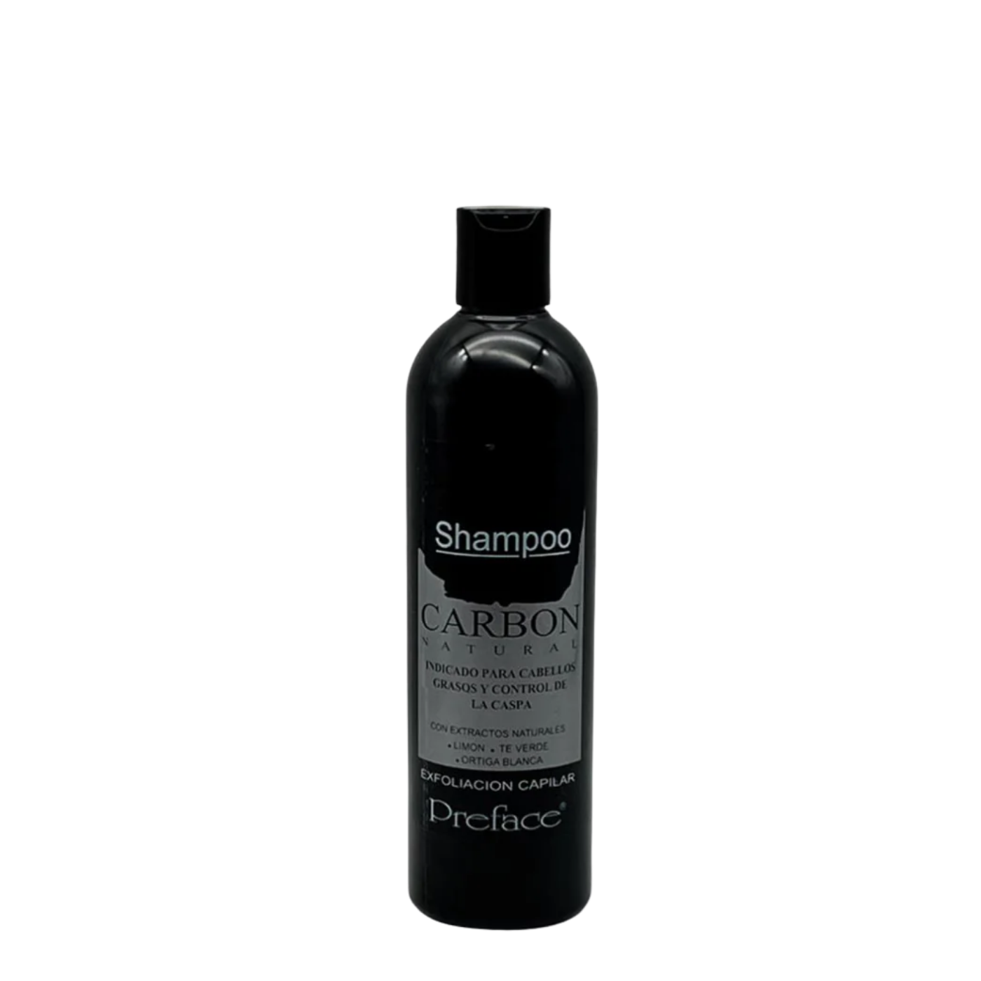 Botella de 400ml de Shampoo Carbón Natural Preface, tratamiento purificante y detox capilar de color oscuro para el control de la grasitud.
