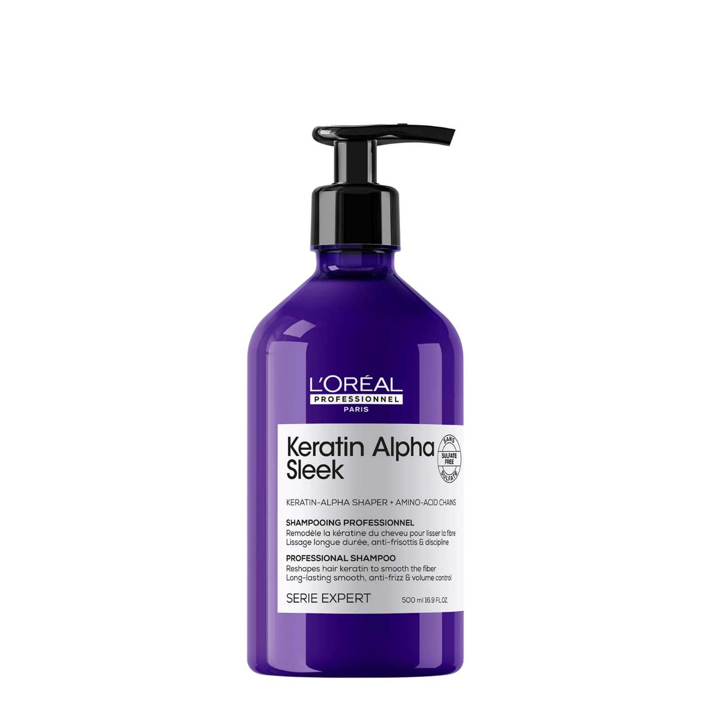 Champú L'Oréal Professionnel Alpha Sleek con keratina para control del encrespamiento, 500 ml, en botella con etiqueta.