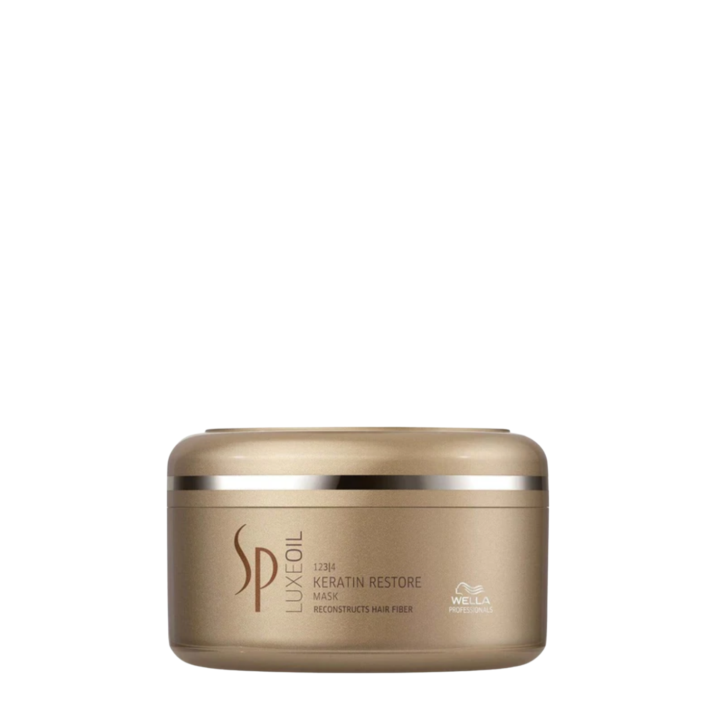 Pote de Mascarilla Reconstructora Wella System Professional SP Luxe Oil Keratin Restore de 150ml, crema de tratamiento intensivo con queratina y aceites esenciales.