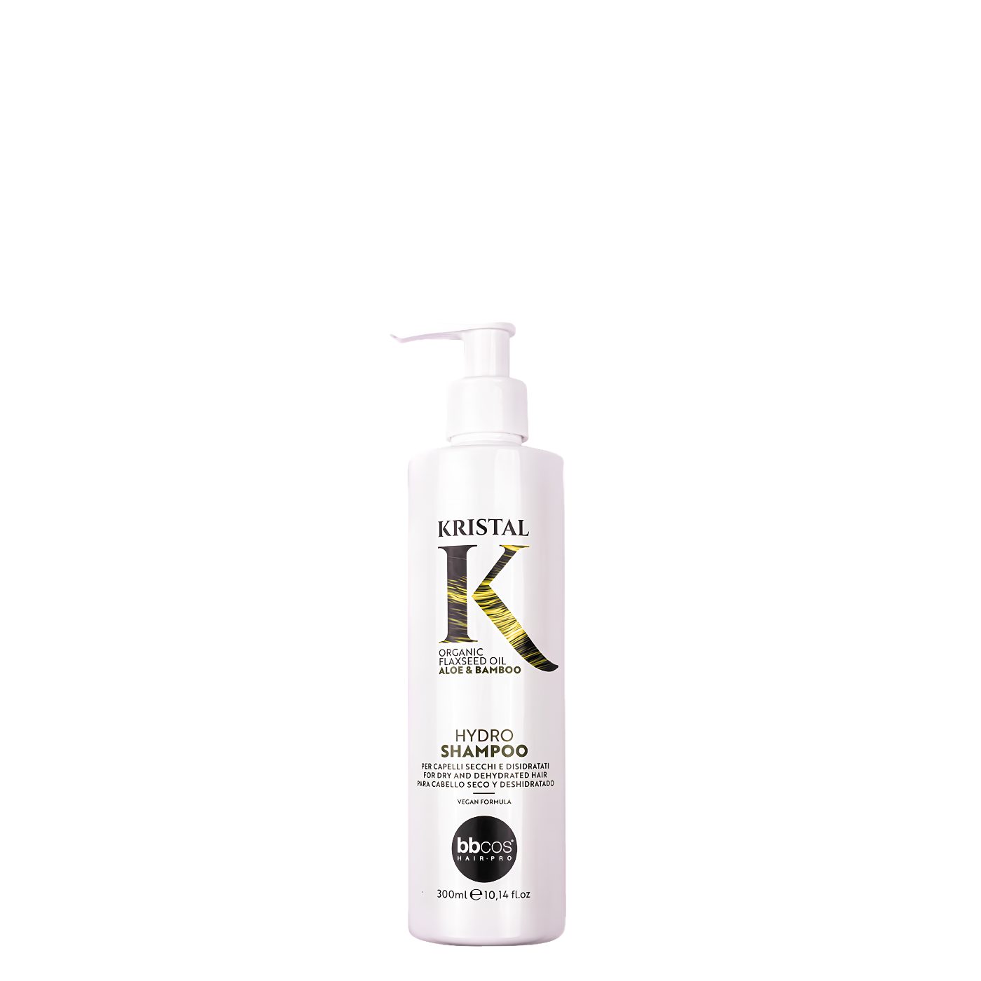 Champú hidratante Kristal Basic Hydro BBCOS en botella de 300 ml, con fórmula suave para cabello hidratado y brillante.