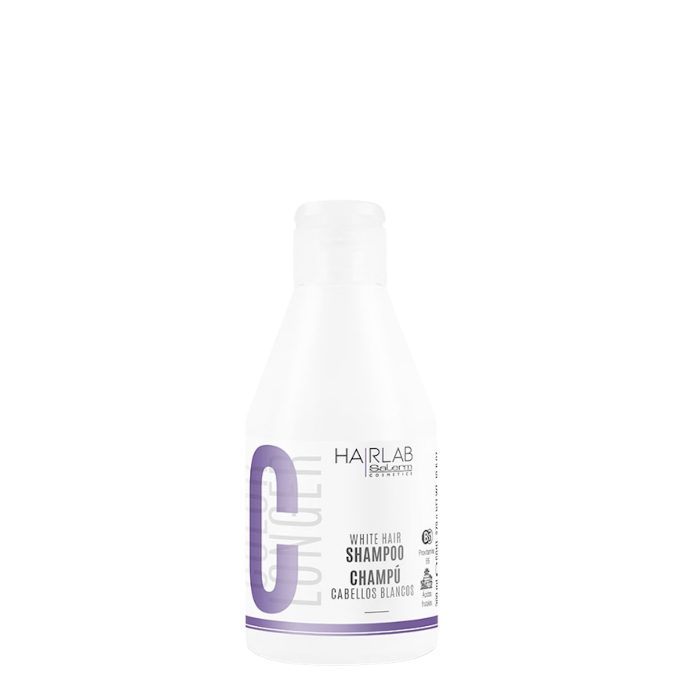 Champú matizador para cabellos blancos HAIRLAB Color Longer de Salerm, botella de 300 ml con etiqueta visible.