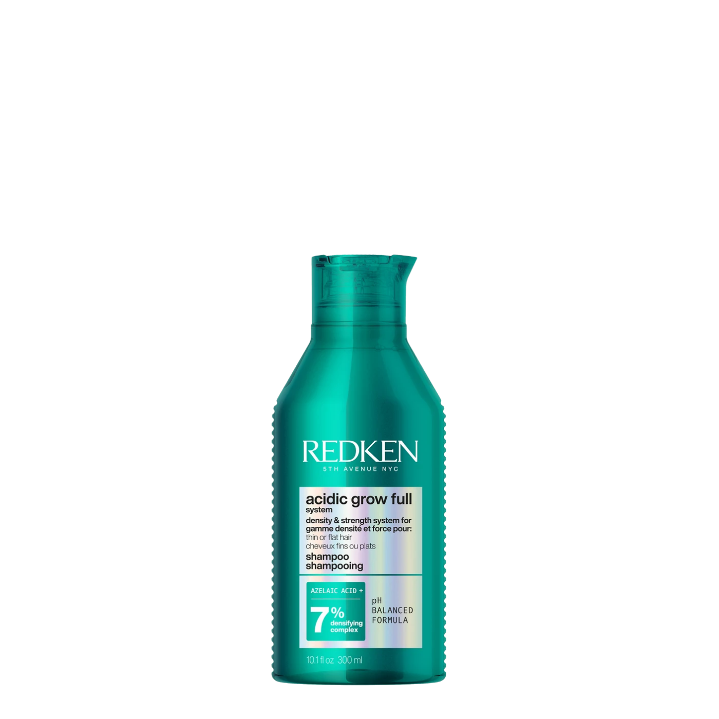 Botella de 300 ml de Shampoo Voluminizador Acidic Grow Full de la marca Redken, tratamiento capilar profesional con un 7% de complejo densificante para cabellos finos, débiles o sin volumen