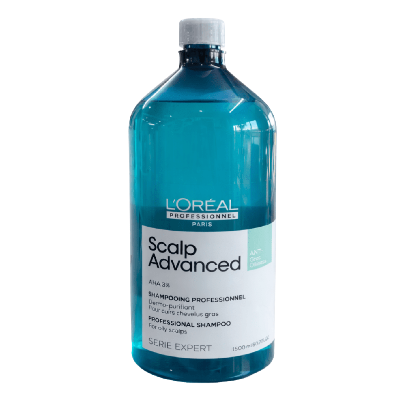 Champú Loreal Scalp Advanced Dermo-purificador anti-oleosidad en botella de 1500 ml, con fórmula para controlar grasa y limpiar profundamente.