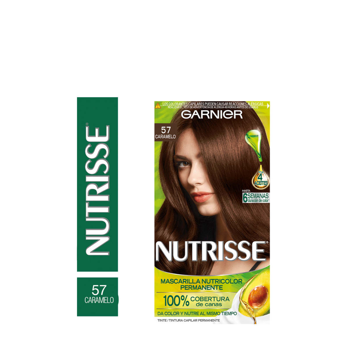 Tinte de cabello Garnier Nutrisse en tono 57 Caramelo, con crema de color y accesorios para aplicación.