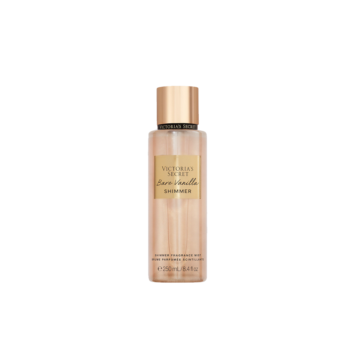Spray corporal Victoria’s Secret Body Mist con brillos, frasco de 250ml con líquido transparente y glitters brillantes