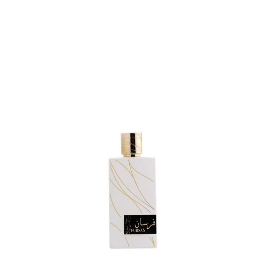 Perfume Lattafa Fursan White EDP de 100 ml en frasco elegante, con diseño sofisticado y detalles en blanco y plata.