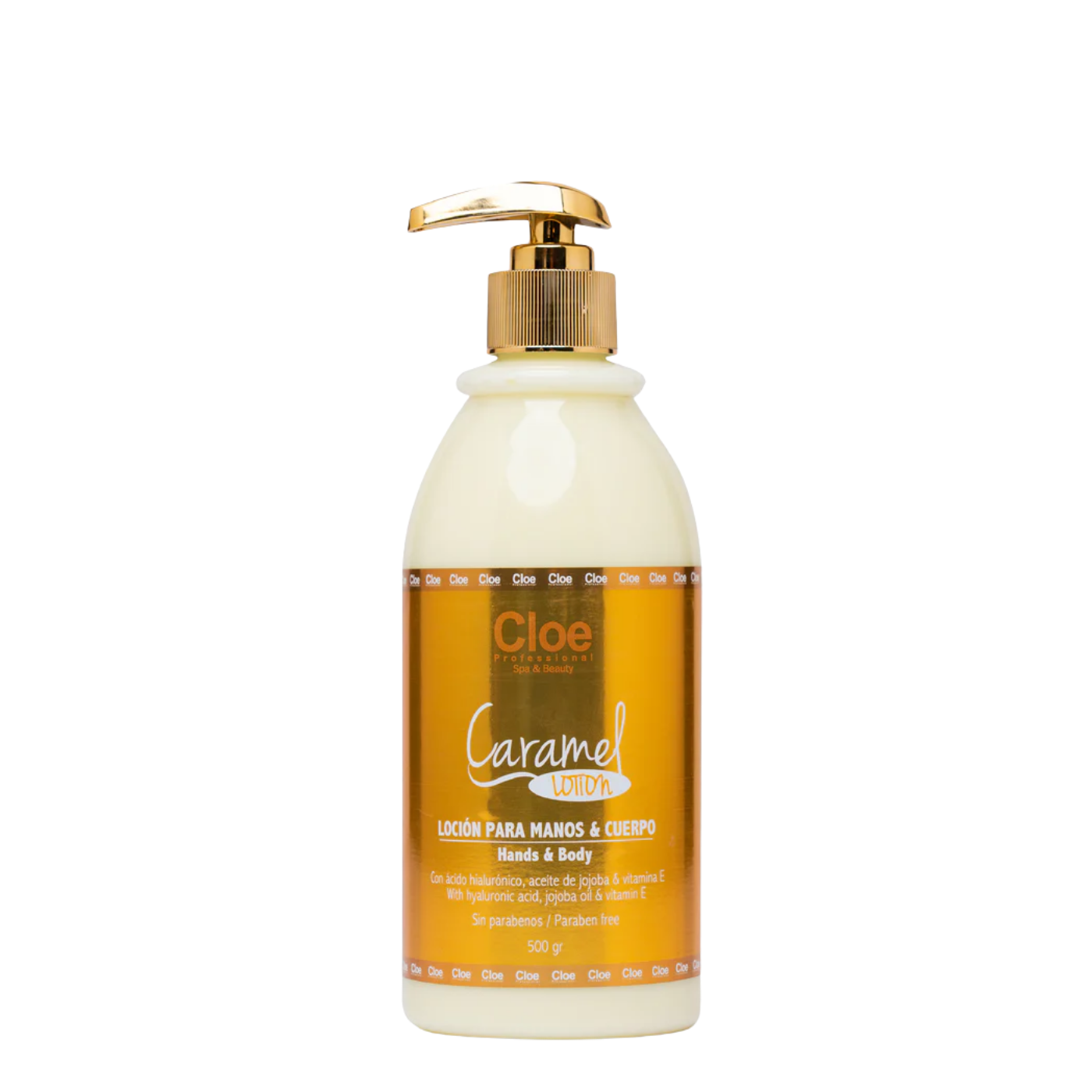 Crema corporal Cloe Caramel para manos y cuerpo, frasco de 500 ml con textura cremosa y color marrón claro.