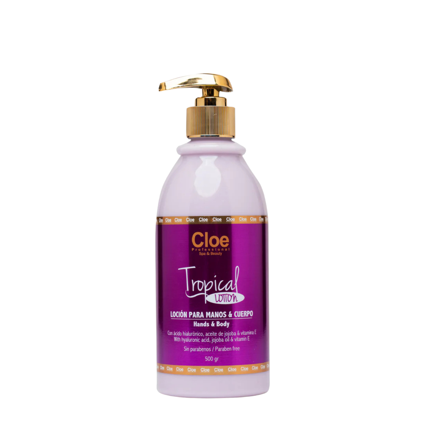 Loción corporal tropical Cloe para manos y cuerpo, crema hidratante en envase de 500ml, con aroma tropical y textura suave.