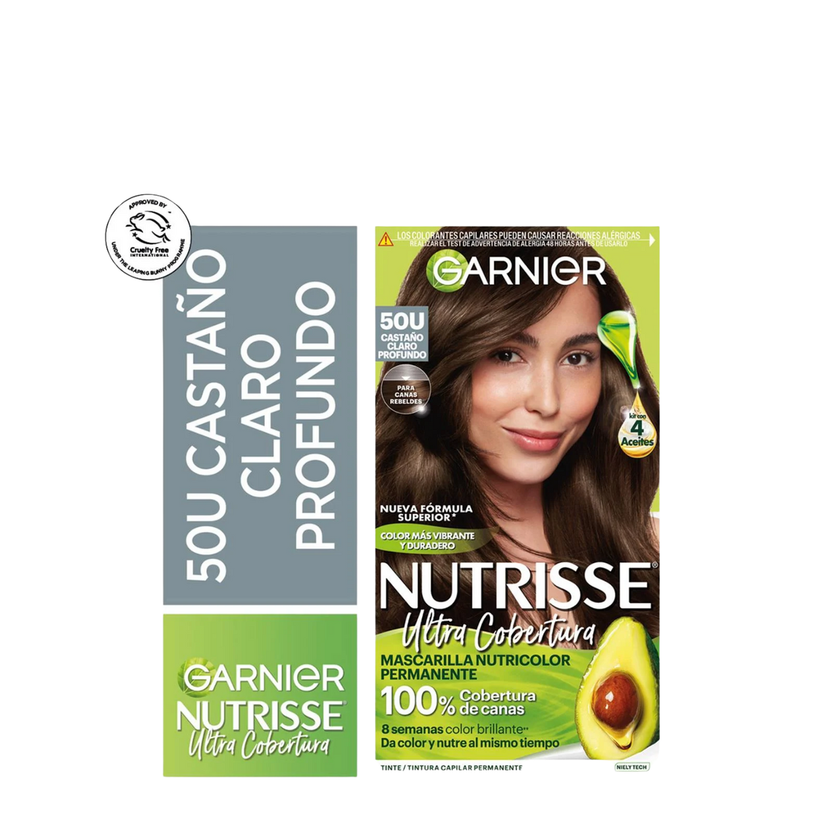 Tinte para cabello Garnier Nutrisse en tono castaño claro profundo, color intenso y brillante para cabello saludable.