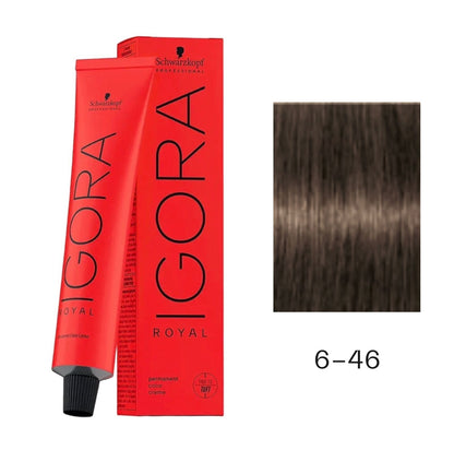 Tinte Schwarzkopf Igora Royal en tono 6-46, muestra el frasco y la muestra de color rubio oscuro ceniza en la imagen.