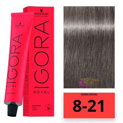 Tinte Schwarzkopf Igora Royal en tono 8-21, color rubio dorado claro, con frascos y tubo de tintura para cabello.