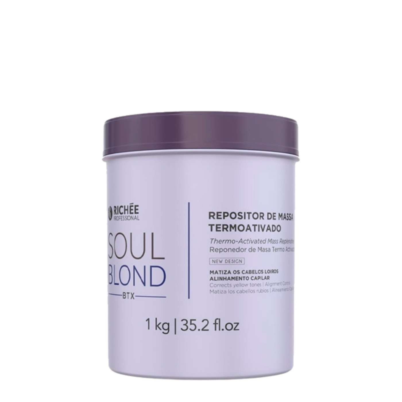 Tratamiento matizador Richee Soulblond en envase de 1 kg, para cabello rubio y aclarado, con fórmula para matizar y mantener el color.