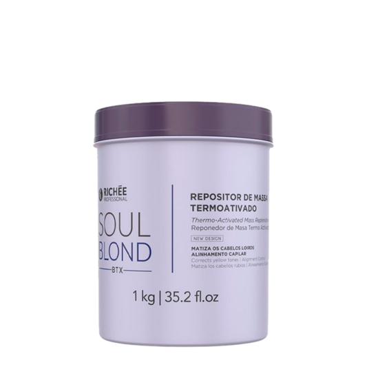 Tratamiento matizador Richee Soulblond en envase de 1 kg, para cabello rubio y aclarado, con fórmula para matizar y mantener el color.