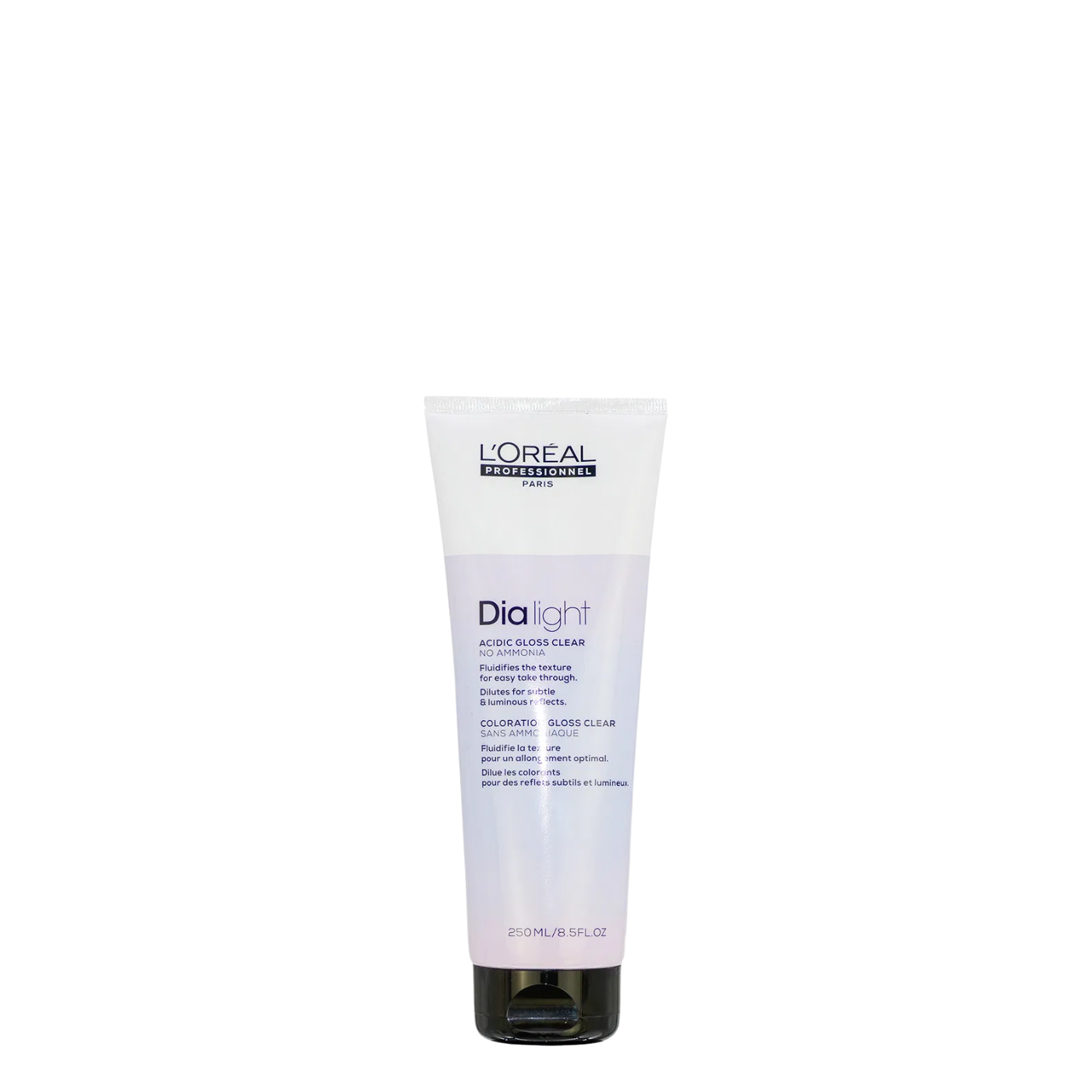 Botella o tubo profesional de tonalizador Dia Light Acidic Gloss Clear de la marca L'Oréal Professionnel, tratamiento de pH ácido sin amoníaco para aportar brillo espejo y diluir tonos