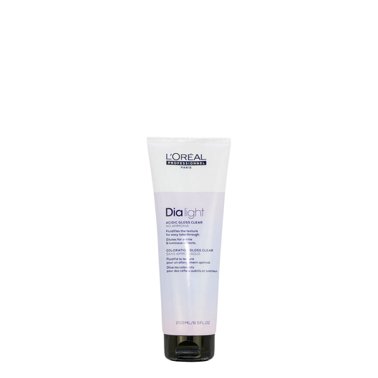 Botella o tubo profesional de tonalizador Dia Light Acidic Gloss Clear de la marca L'Oréal Professionnel, tratamiento de pH ácido sin amoníaco para aportar brillo espejo y diluir tonos