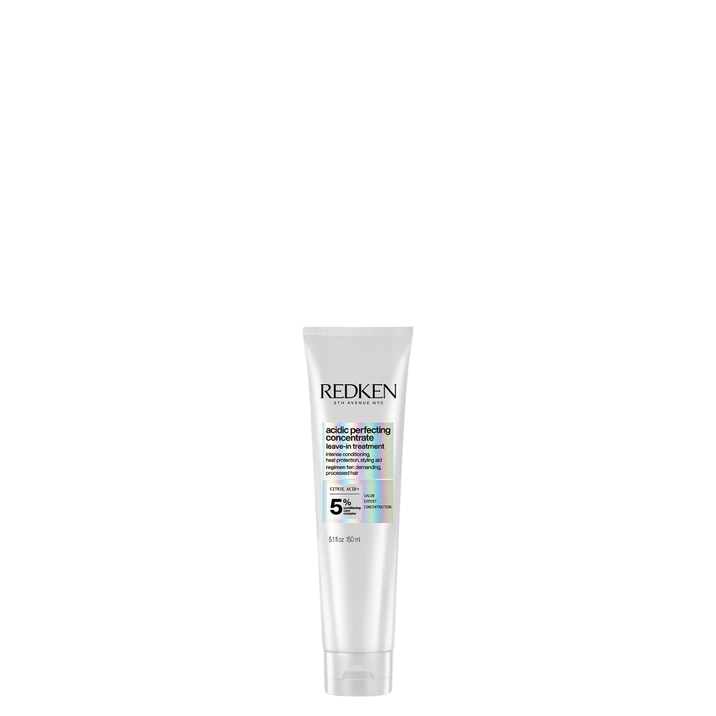 Tubo de 150 ml de Acidic Perfecting Concentrate Leave-In de la marca Redken, tratamiento profesional sin enjuague para la reparación de puentes capilares, protección térmica y control de frizz en cabellos dañados.