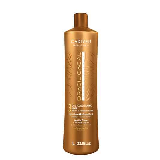 Máscara acondicionadora deep conditioning de Brasil Cacau de Cadiveu para alisados, frasco de 1000 ml en la imagen.