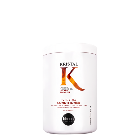 Acondicionador BBCOS Kristal Everyday, uso frecuente, frasco de 1000 ml con envase transparente y etiqueta blanca y azul